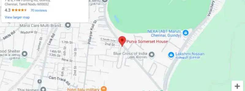 Purva Somerset House Apartment Location map with bird eye view photo by Puravankara Group located at Five Furlong Rd, Guindy, Chennai Tamilnadu